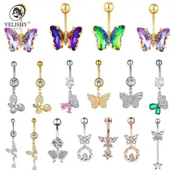 Colorful Crystal Butterfly Navel Earring 10mm Surgical Steel Belly Button Piercing Rings Woman Ear Lobe Stud Body Jewelry