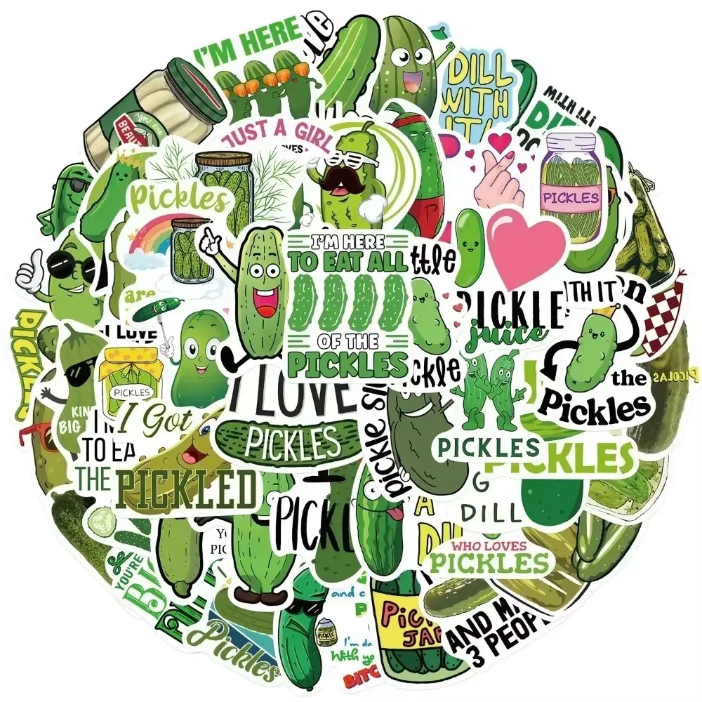 50 قطعة من ملصقات المخلل الخضراء والخيار ملصقات مقاومة للماء لتزيين كتيب الهاتف والأمتعة والكمبيوتر المحمول ولعبة الجيتار للأطفال