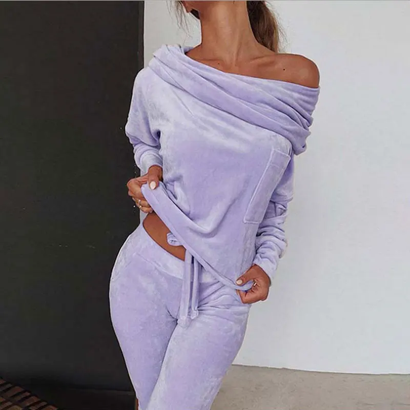Women's Pure Color One-Shoulder Bow Slim Fit Casual Home Suit Fashion Europe And US Style