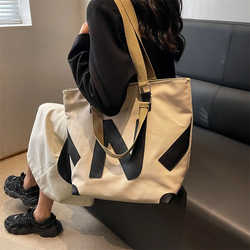 Bolsa de lona de grande capacidade feminina, mochila escolar simples, bolsa de ombro, estilo Ins, moda, 2023