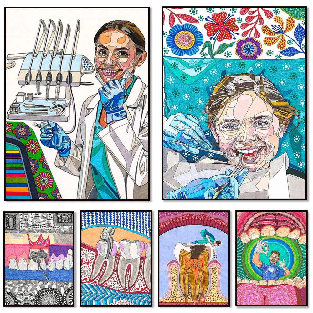 Tooth extraction, orthodontics, abstract teeth, dental watercolor poster, dentist office decoration