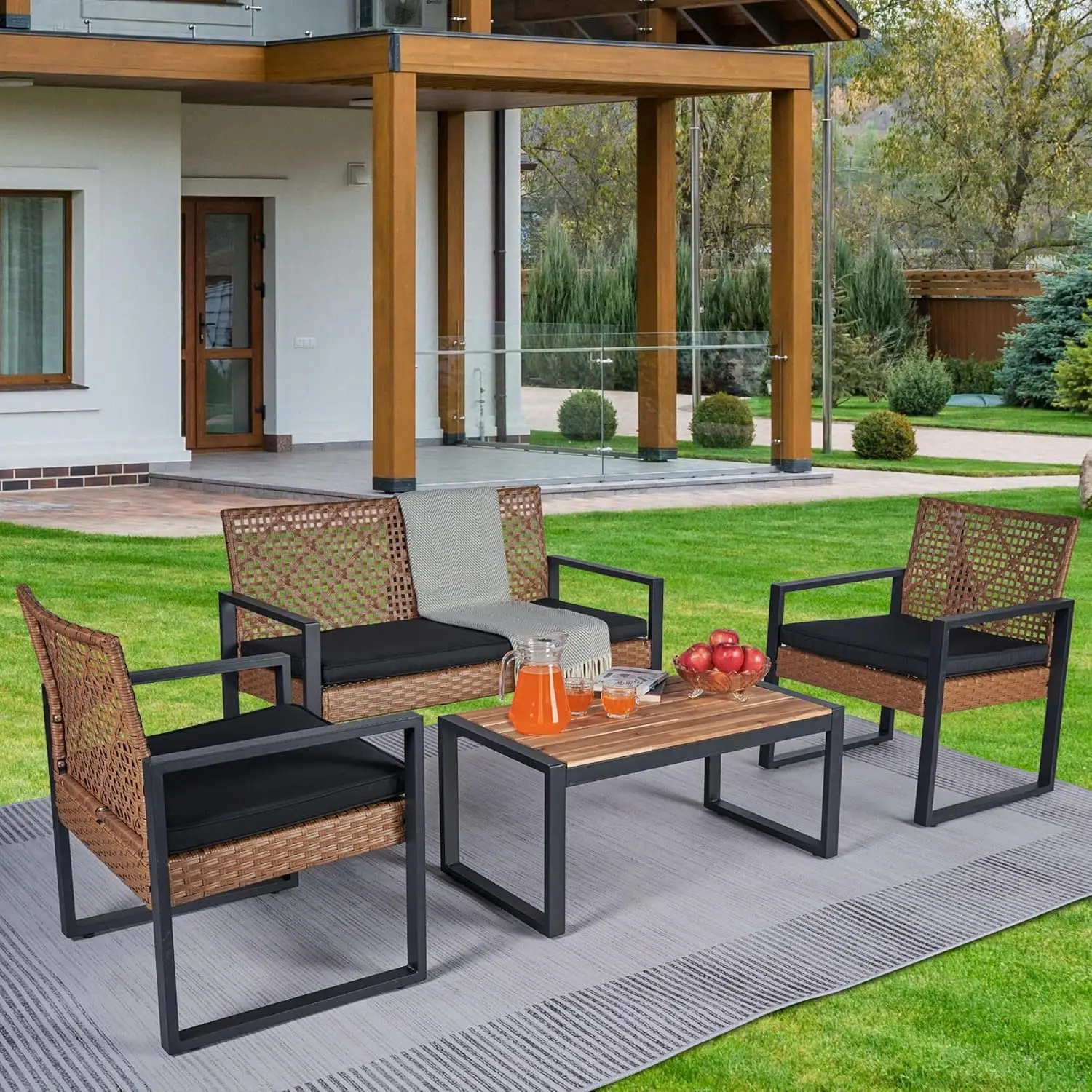 PE Rattan Patio Sofa Set 4-Piece with Acacia Table, Water-Resistant Cushions, Rust-Resistant Frame, Adjustable Feet