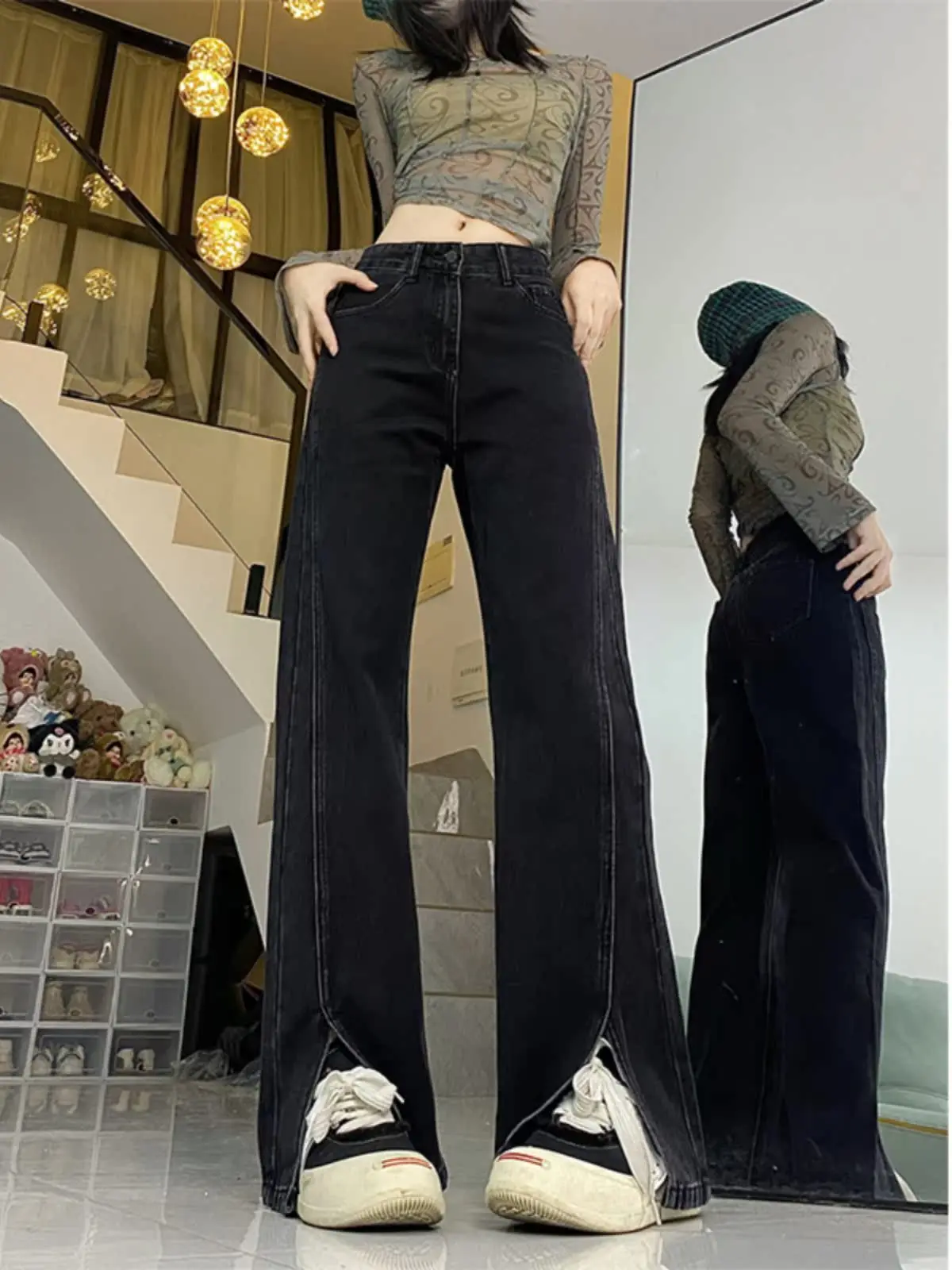 

Широкие джинсы с высокой талией, женские свободные джинсовые брюки прямого кроя, осенние брюки больших размеров с разрезом Bla ey