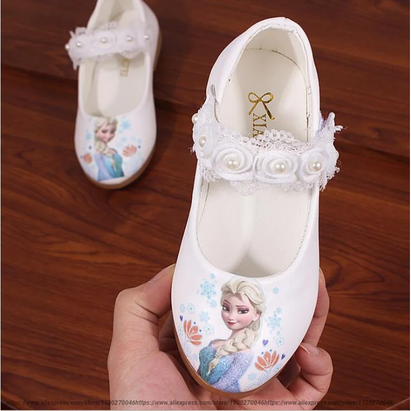 Disney New Kids Elsa Casual Shoes girls Frozen Princess Pink Soft Shoes Children\'s Cartoon pearl Leather Shoes Size 26-35