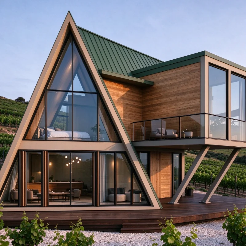 Minimalist A-Frame Cabin — Sleek Triangle Wooden House with Floor-to-Ceiling Windows for Glamping Retreats