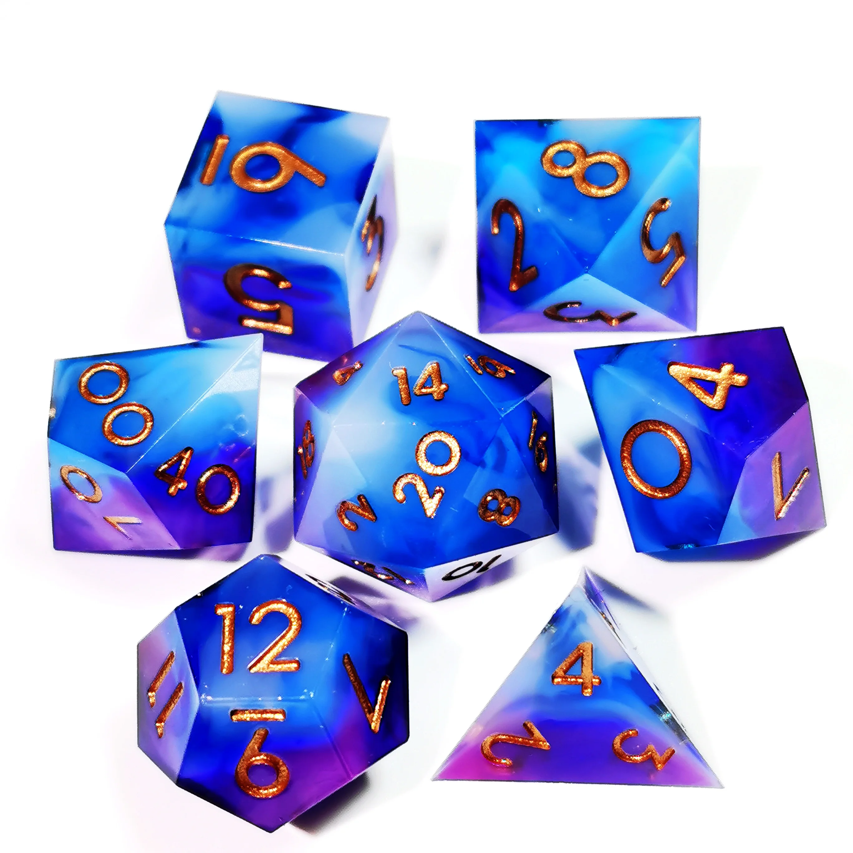 

DND Dice Set Sharp Edge Blue Resin - 7 Piece Handmade Polyhedral Dice for Dungeons and Dragons RPG Games - Clear D&D Dice