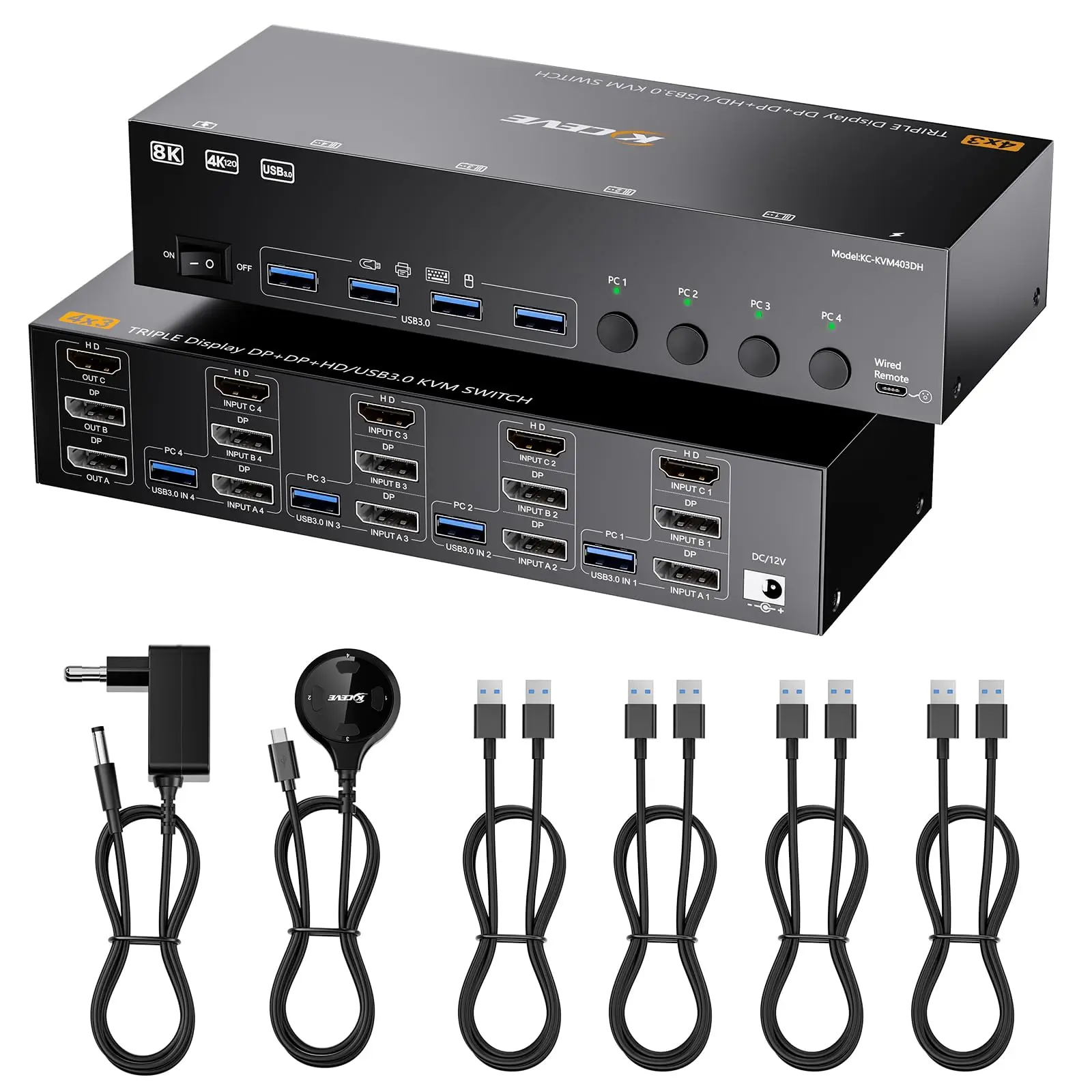 USB 3.0 KVM Switch 4 Computers 3 Monitors 4K@144Hz 8K@60Hz, HDMI + 2 DisplayPort KVM Switch for 4 PC Share 3 Monitor 4 USB Ports