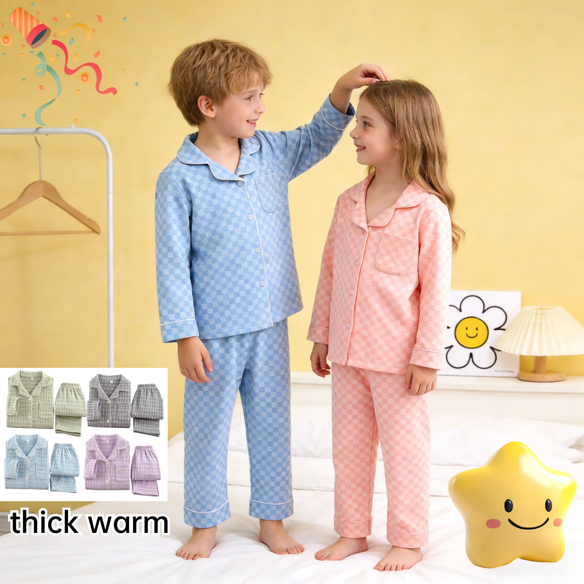 Kids Checkerboard Pajamas Set Boys Girls Lapel Long Sleeve Sleepwear Soft Cotton Fall Winter Children Loungewear Home Nightwear