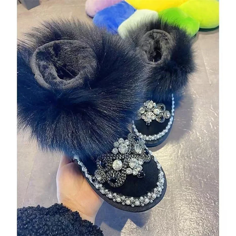 Handmade luxury rhine-diamond accessories Fox fur fur one snow boots banquet party casual thickener women's cotton shoes 35-40