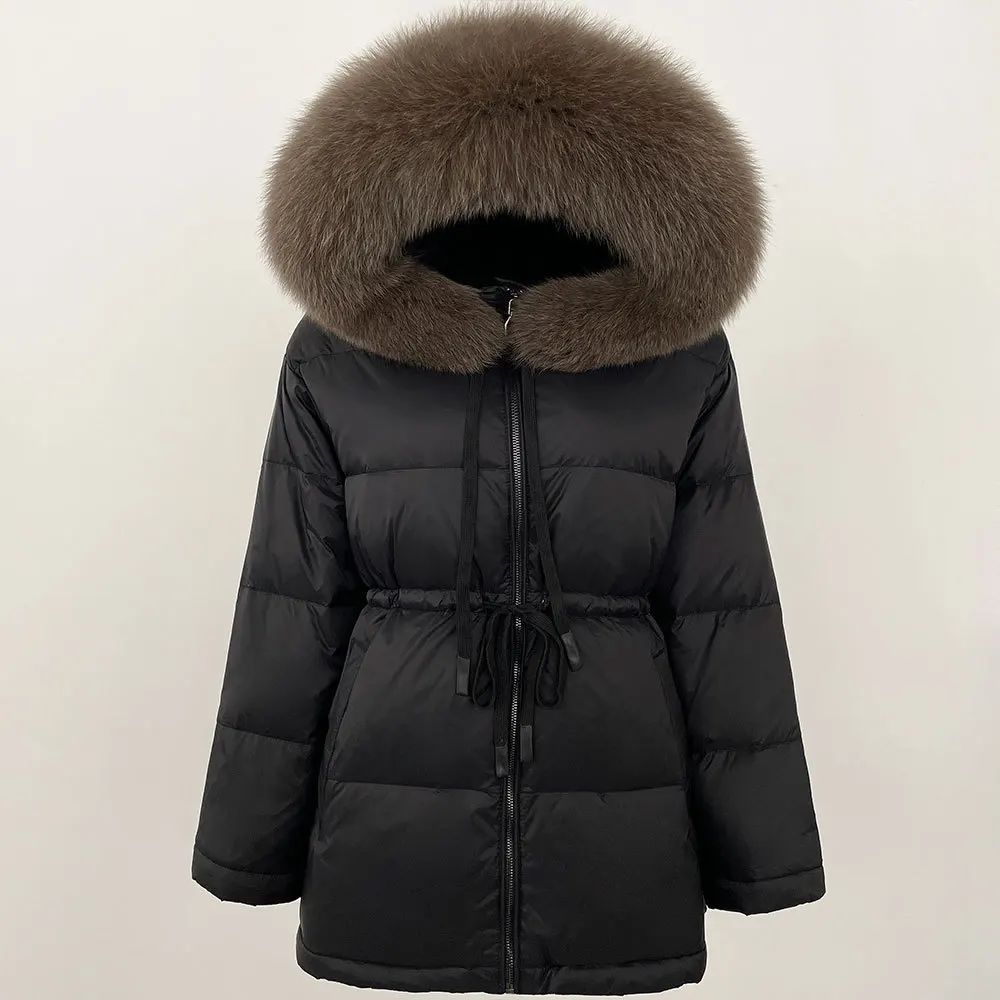 Neue Echt Waschbären Pelz Frauen Winter Puffer Jacke Verdicken Flauschigen Warme Parka Frauen Taille Versenkbare Ente Unten Wasserdichte Mantel