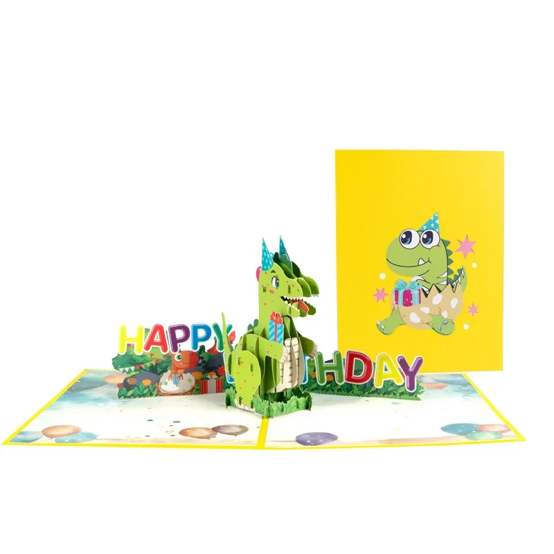 

3D Pop up Happy Birthday Card Cartoon Children's Cute Dinosaur Cards Holiday Blessing Paper Carving Gift