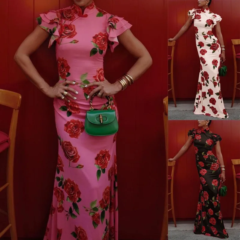 

Women's Cap Ruffles Sleeve Rose Floral Print Bodycon Sexy Prom Commuting Long Dress Slim Temperament Elegant Lady Party Dresses