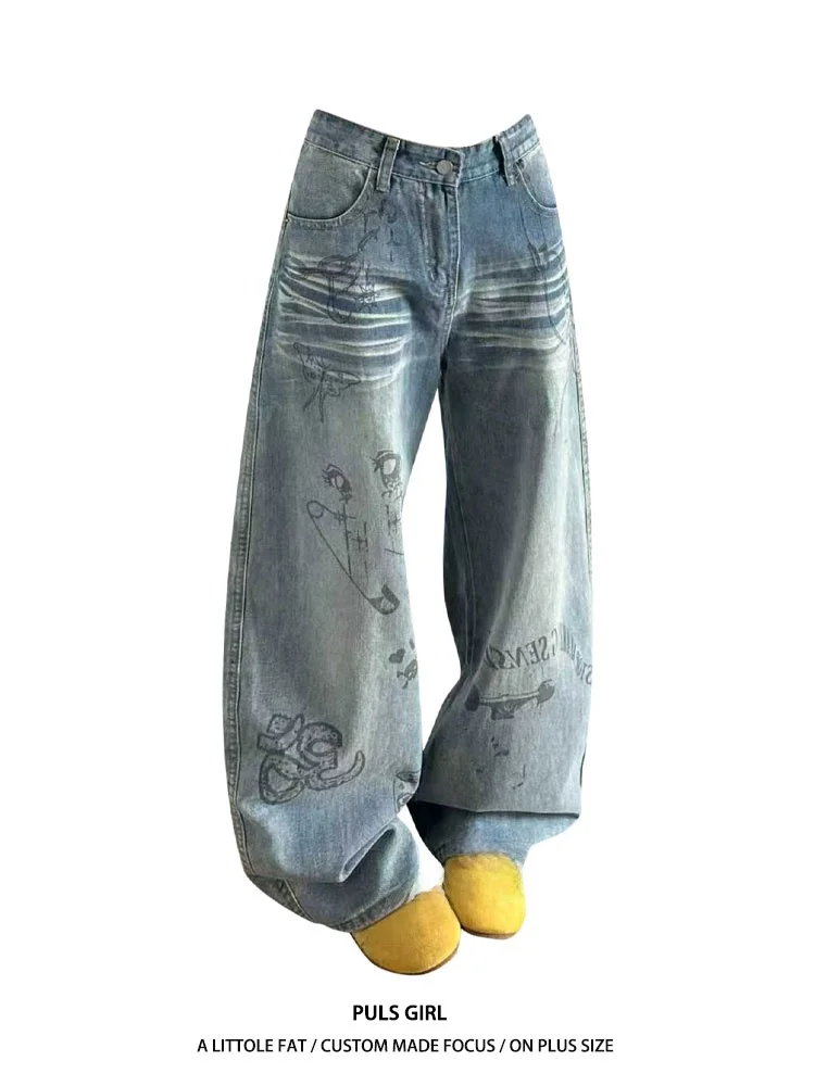 

Large Size American Retro Washed Graffiti Print Jeans Women's Loose Wide Leg Long Pants Casual High Waist Other/Other Fabric