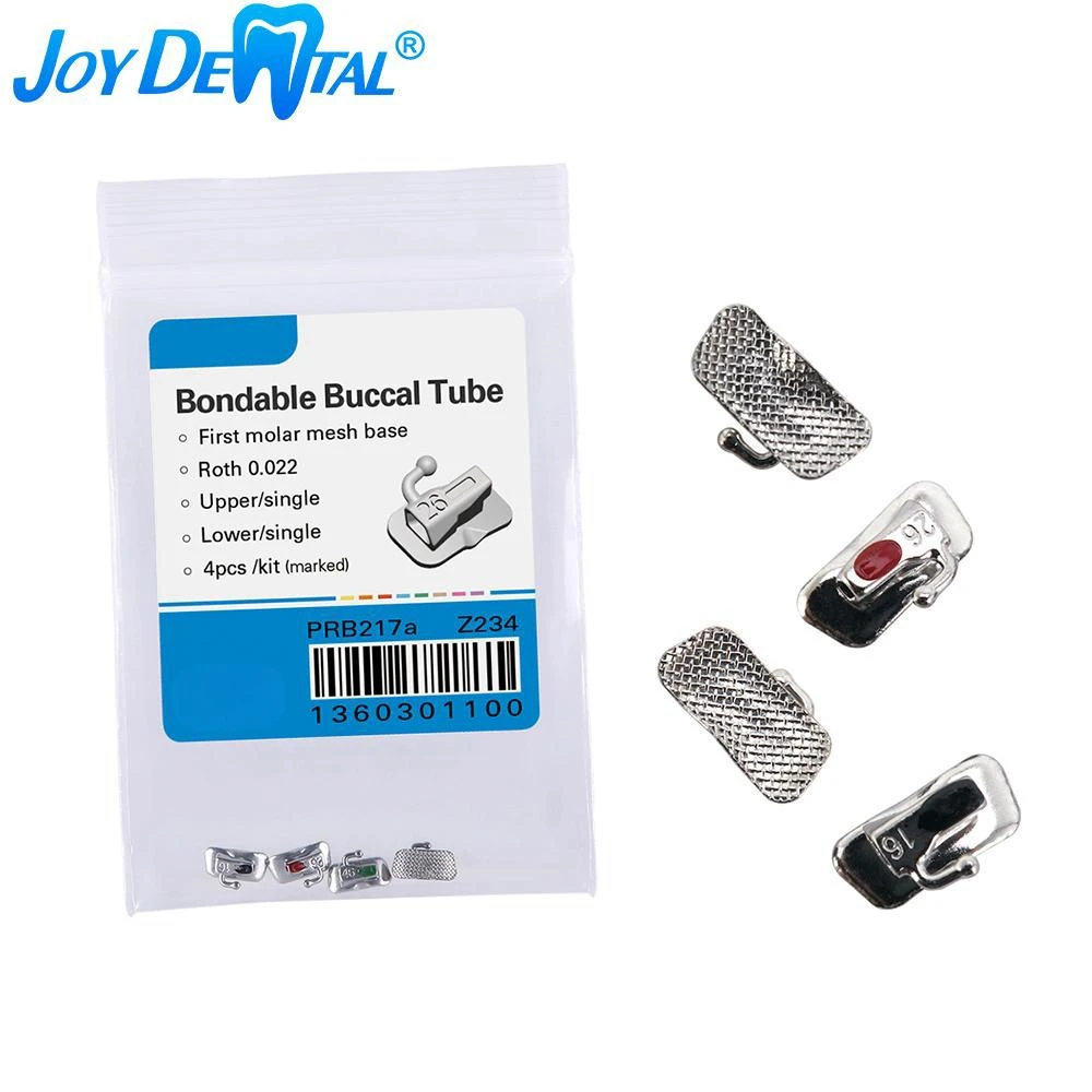 4 Pcs/Bag Dental Orthodontic Buccal Tubes Marked 1st/2nd Molar Non-Convertible Bondable Mesh Base Roth/MBT 0.022/0.018 U/1 L/1