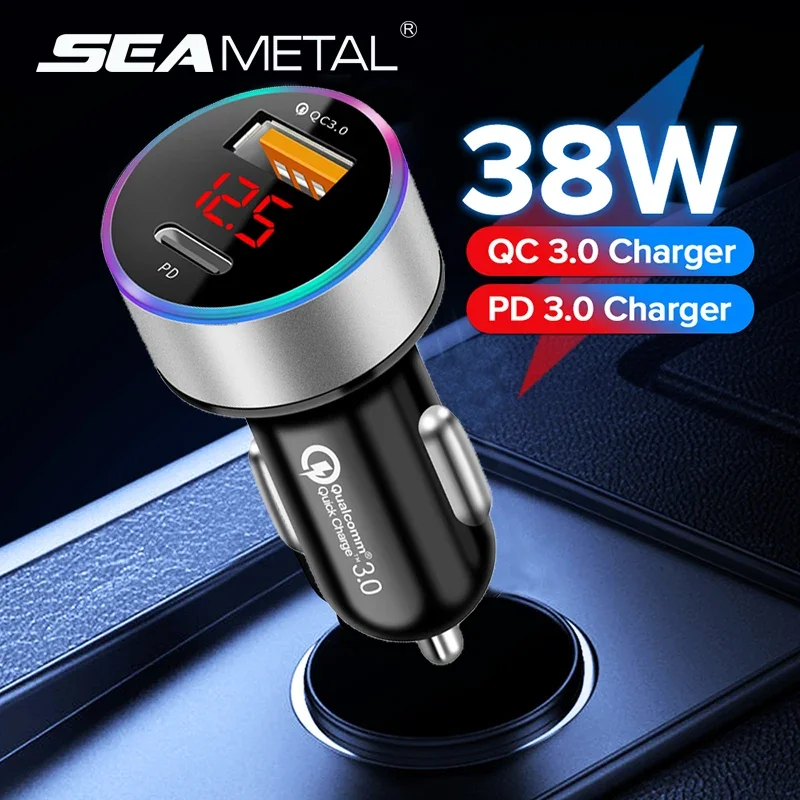 SEAMETAL Car Charger PD+USB QC3.0 38W Quick Charging Phone Charger 12-24V Cigarette Lighter Adapter with Led Voltmeter Display