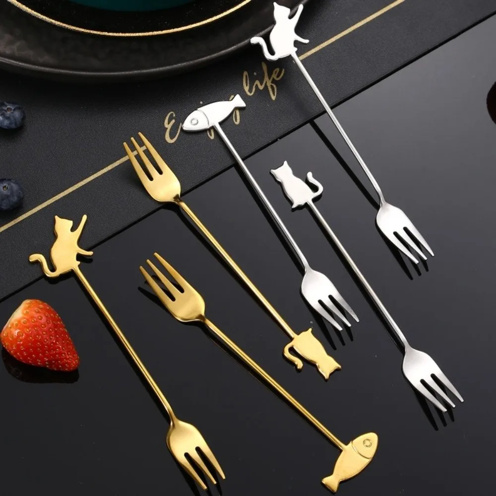 

Cartoon Hanging Cup Teaspoons Stainless Steel Smooth Edges Coffee Stirring Spoon Cat Fish Design Cake Fork Coffee Stirring