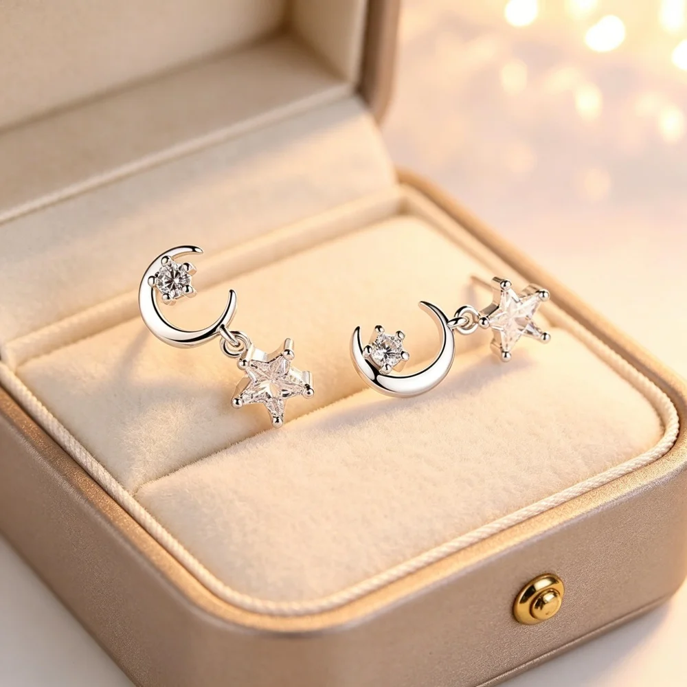 

925 Sterling Silver Asymmetric Star Moon Earrings for Women, Sparkling CZ Crystal Drop Earrings, Dainty Dangle Stud Earrings