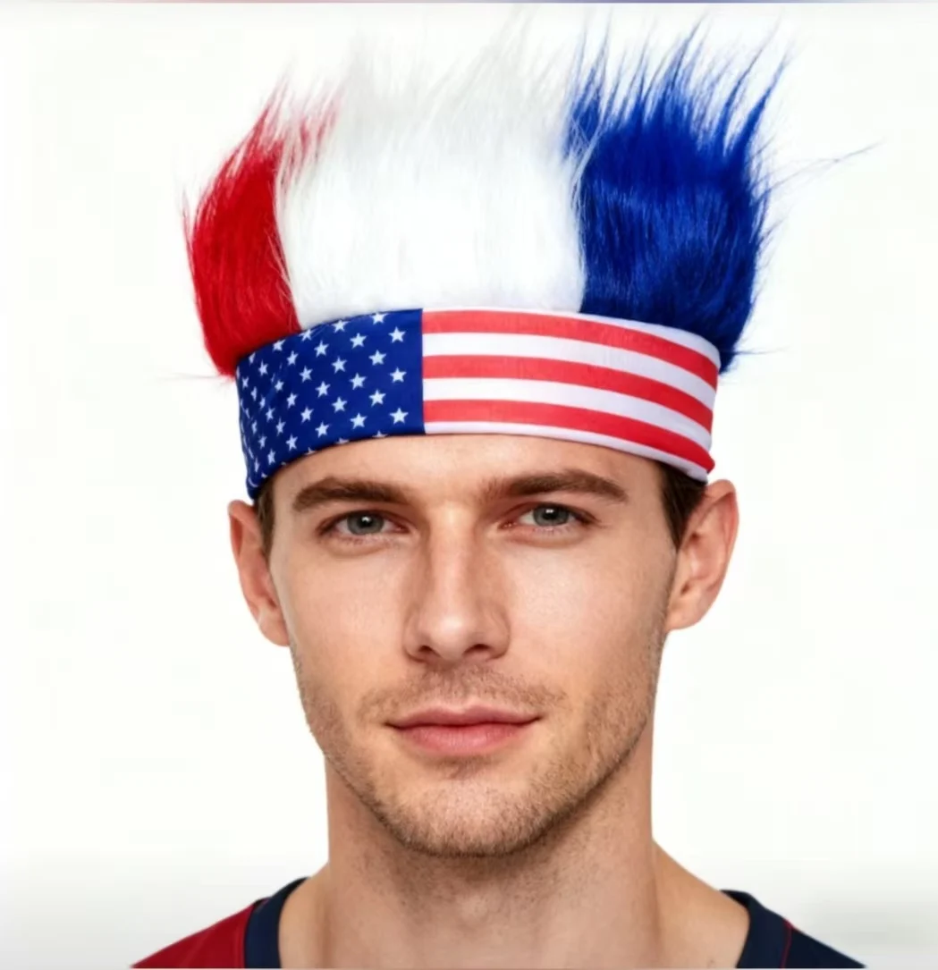 

Patriotic USA Flag Wig Headband, Funny Mohawk Style Synthetic Hairband for Independence Day, Sports Games, Halloween Party