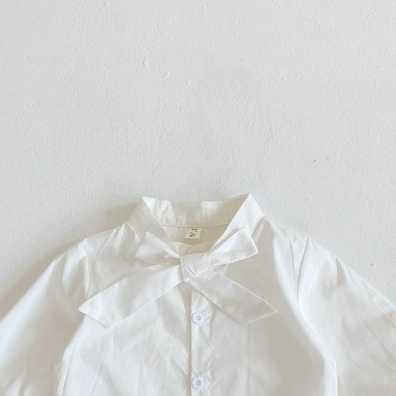 2025 Kids White Shirt 2-7Y - Big Bow Tie Long Sleeve Top Easy Button Comfy Cuff for Girls Everyday Soft Cotton T-shirt