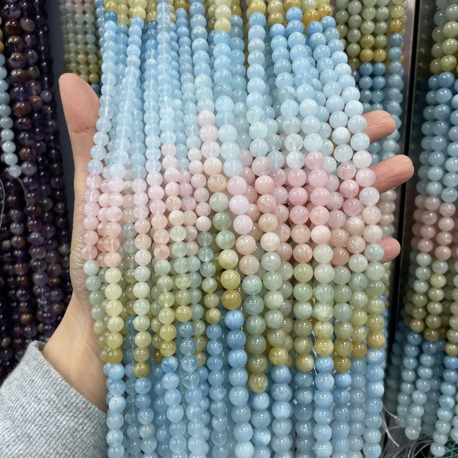 Großhandel Natürliche Aquamarin-Morganit-Beryll Runde Lose Perlen, Facettierte Armbänder, Material für Armbänder, Halsketten, DIY-Schmuck – Detail 5