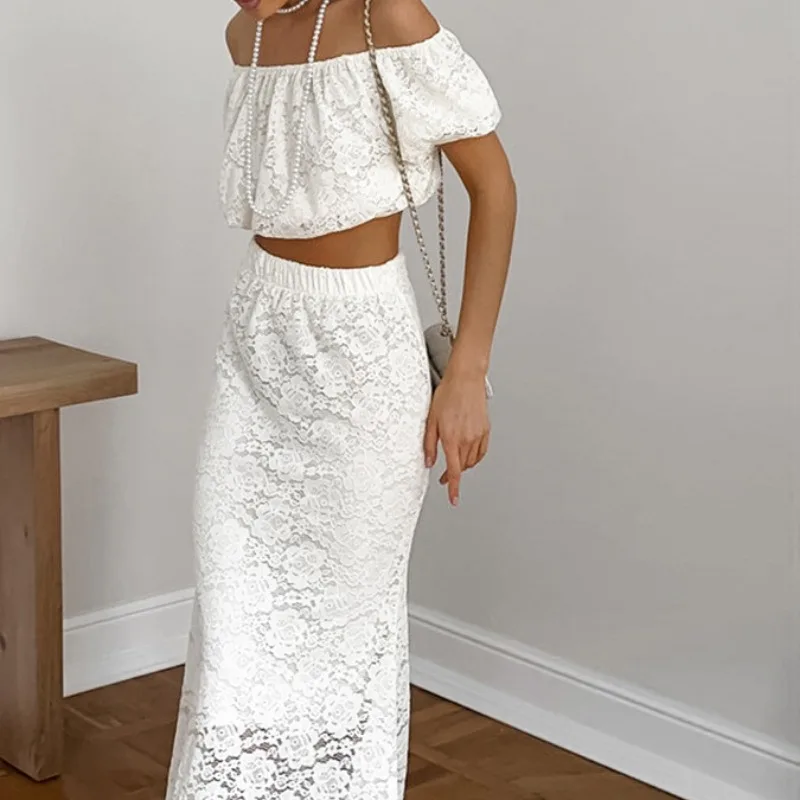2024 Summer White Lace Skirt Set Temperament Women Elegant French Bandeau Crop Top & Skirt Two Piece Sets Women's Skirts Outfits