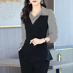 Spring and Autumn Women's Pullover Polo Neck Long Sleeve Colorful Button Spliced Stripe Office Lady Fashion Casual Shirt Tops