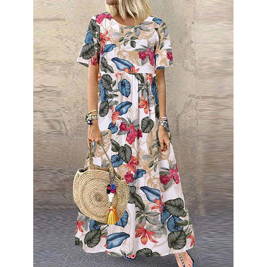 Dames bloemenprint los lang Dr ronde Ne ort Sve Punk Sle polyestervezel A-lijn rok zomer herfst lente