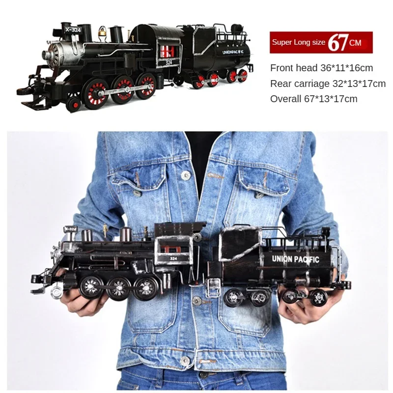 Retro รถไฟไอน้ํารุ่นดีบุกหัวรถจักรตกแต่งบ้านตกแต่งไวน์ตู้ตกแต่ง Cafe รถไฟของเล่น