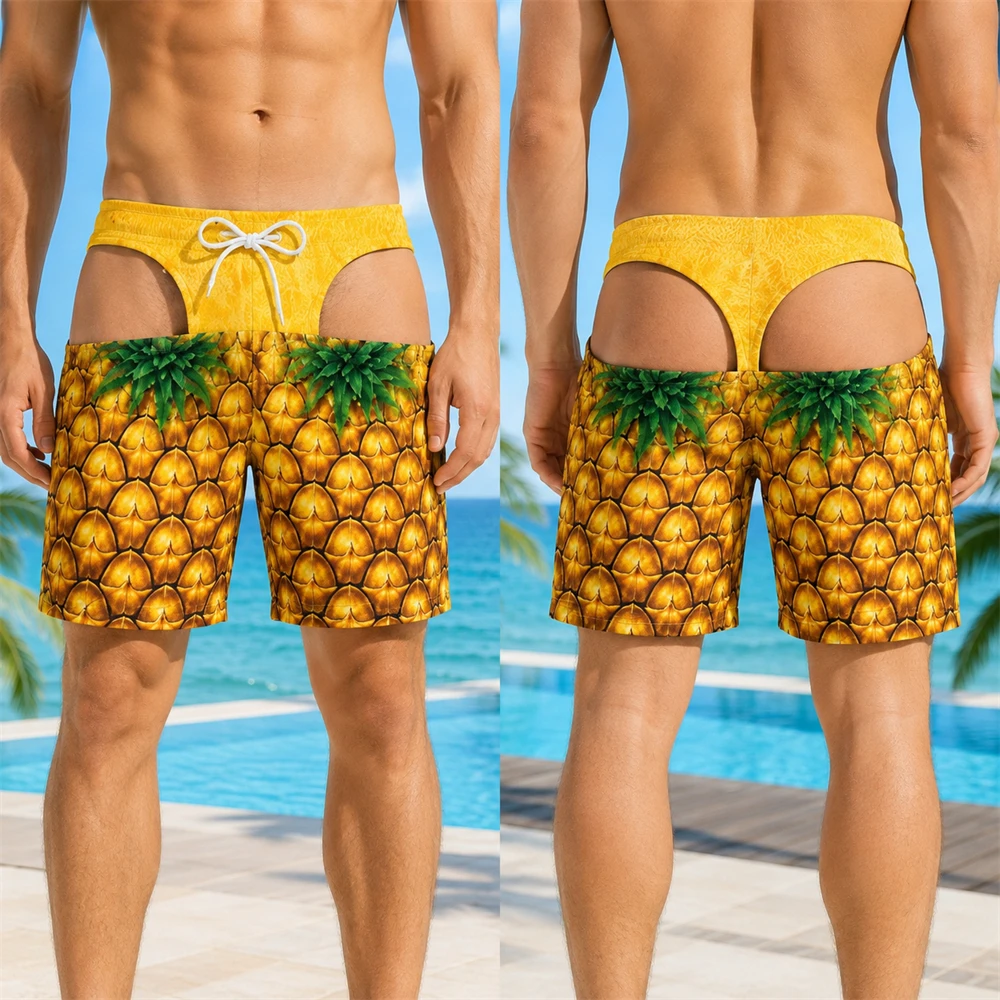3D Print Fake Buttock Funny Fruit Pattern Men Swim Trunks Watermelon Banana Pineapple Summer Outdoor Sea Beach Shorts Party Hot