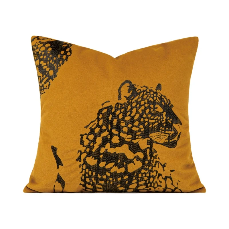 Yellow Pillows Black Leopard Embroidery Cushion Case Luxury Velvet Decorative Pillow Cover For Sofa Chair Home Decorations