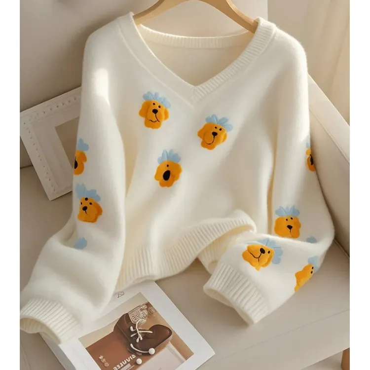 Loose Long Sve V-Ne Knitted Dog Cartoon Sweatirt Outerwear Fufu White Lazy Sle Korean Faion Women's Sweater Coat