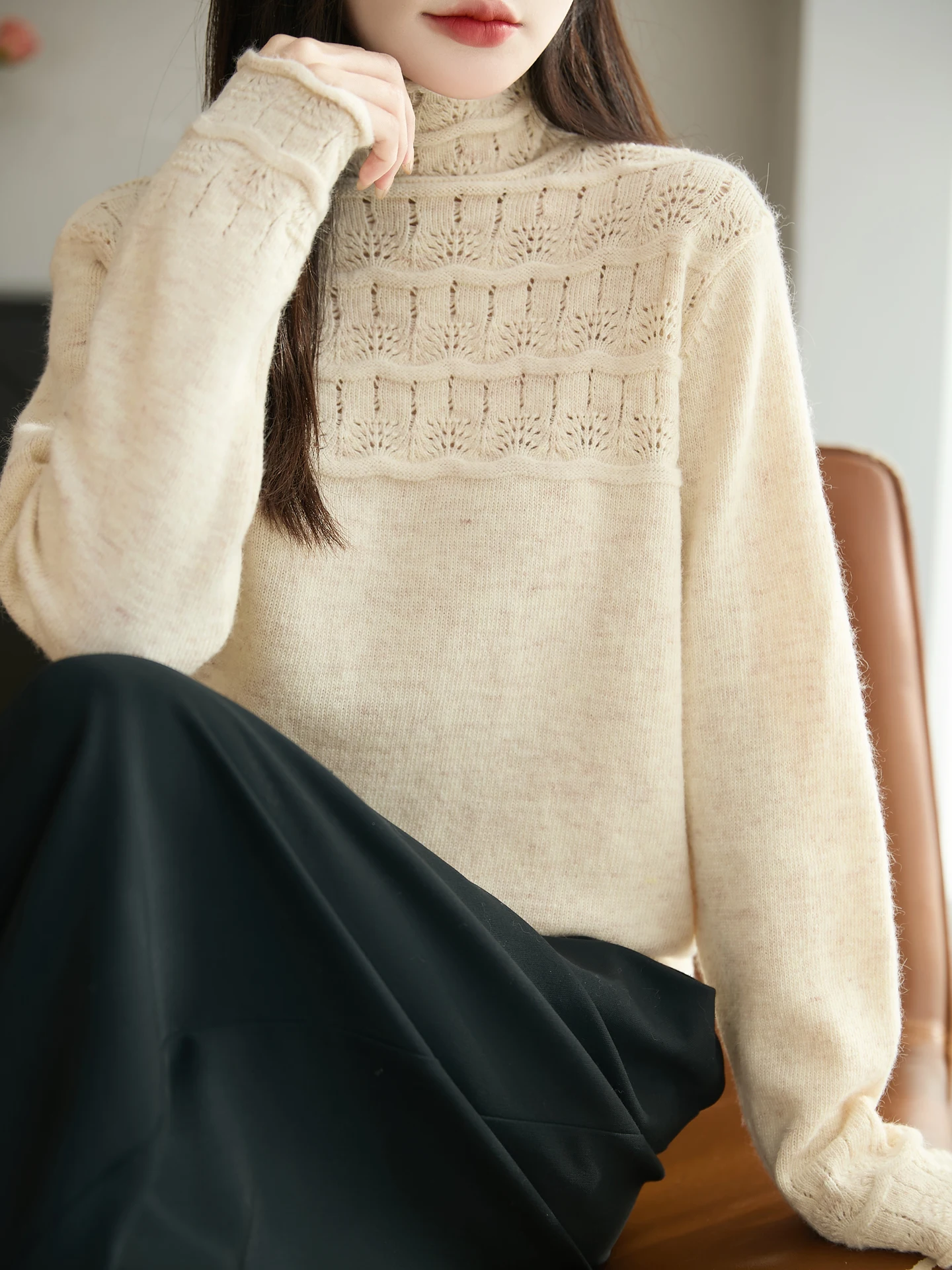 

Heavyweight Hollow out Loose Long Sve Knitted Sweater Women's Casual Sle f High Collar Autumn Winter Base irt