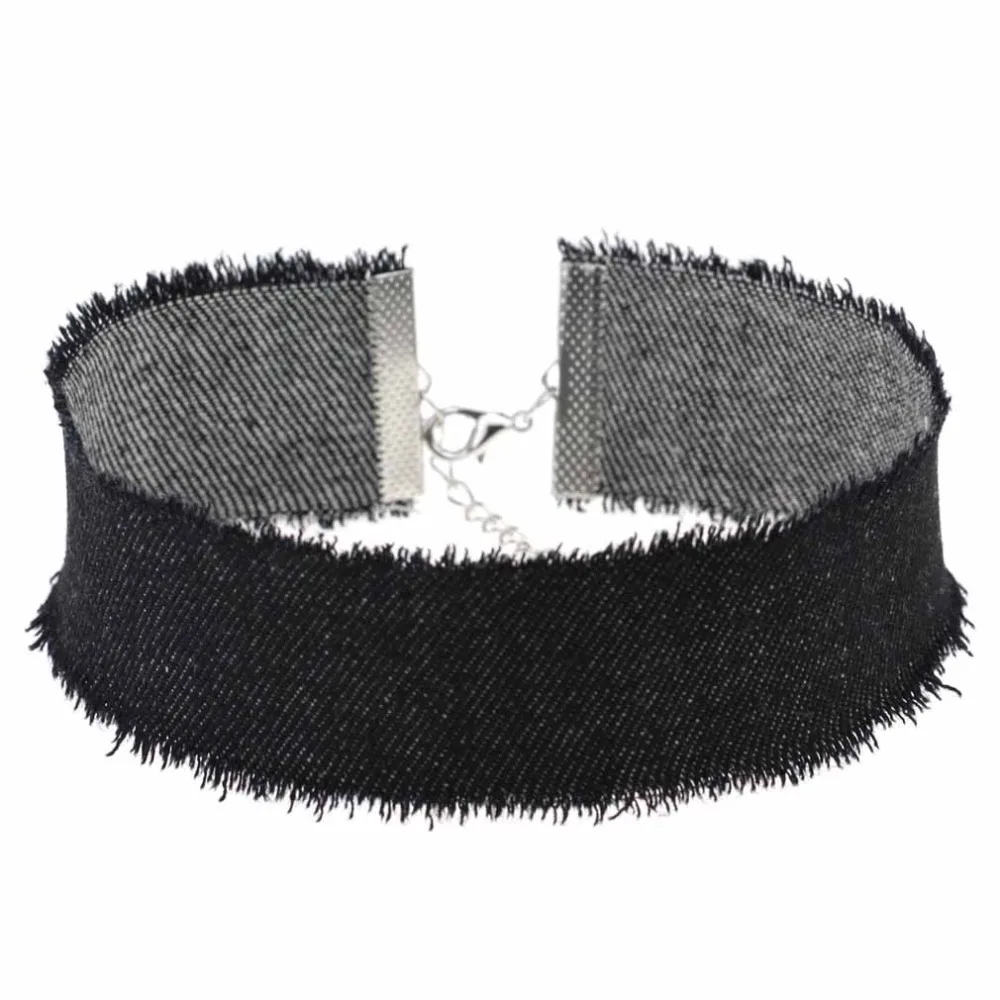 Punk Harajuku Retro Denim Choker Personality Edge Grinding Hip Hop Fashion Collar Metal Clasp Adjustable Chain Neckband