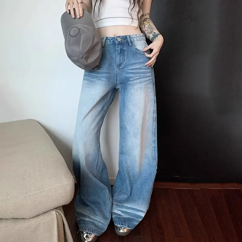 

Винтажные широкие джинсы, синие прямые повседневные брюки в американском стиле для женщин, свободный крой, драпированные, весна-осень, Новое поступление 2023 года