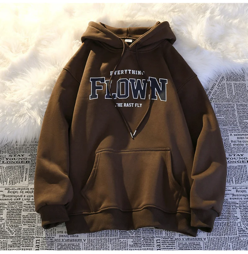 Flown Letter Printed Hoodies Men/women Casual Fashion Hooded Shirt Long Sleeves Pullover Sweatshirts Oversized Unisex Clothing