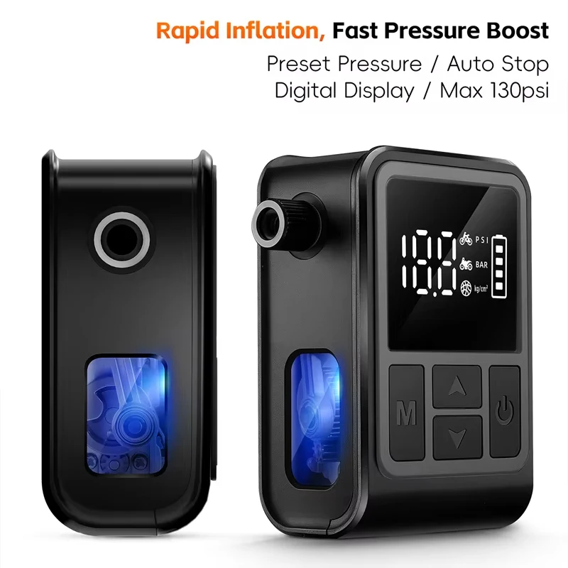 

Мини-электрический насос для велосипедов 130 PSI, портативный, с цифровым дисплеем, USB-зарядка, автоматическое отключение, для велоспорта, MTB, шоссейных велосипедов