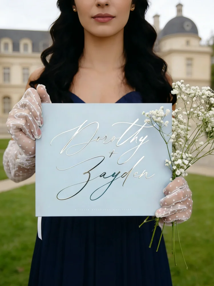 

Персонализированная свадебная книга для гостей в пыльно-голубом цвете с каллиграфией, серебряной фольгой и твердой обложкой, фотоальбом для подписей