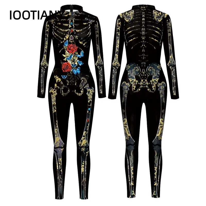 

IOOTIANY Adult Halloween Cosplay Jumpsuit Skeleton 3D Printing Bodysuits Women Sexy Slim Elastic Catsuit Long Sleeve Rave Outfit