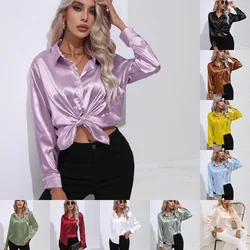 Autumn Casual Women's Blouses Elegant Satin Multicolor Basic Slim Shirt Solid Vintage Trend Ball Dance Party Shirt All-Match Top