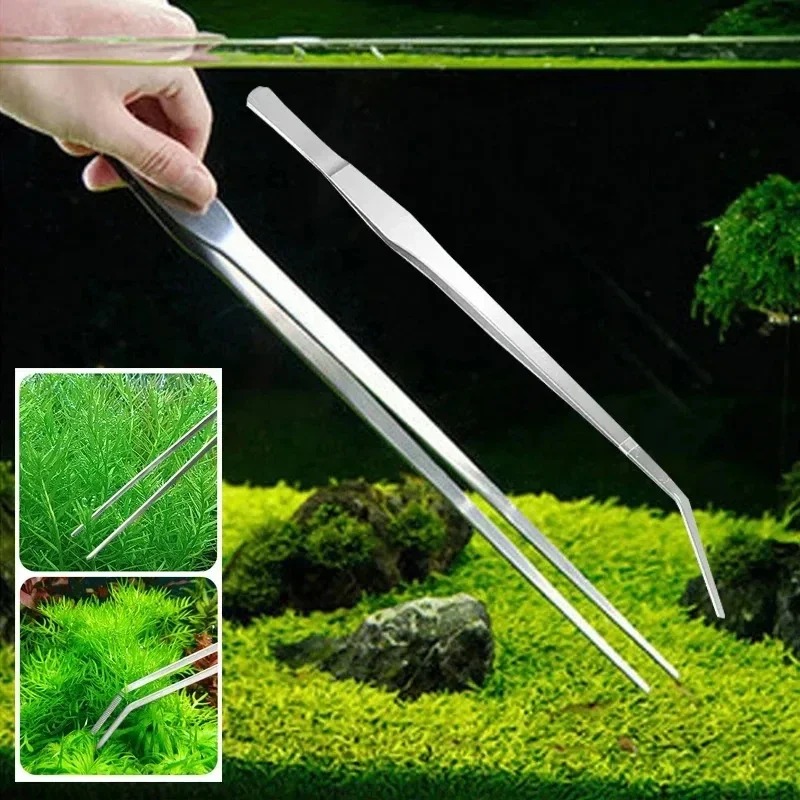 38cm Stainless Steel Aquarium Tweezers Pliers Fish Tank Plant Aquascape Tools Straight Curved Forceps Clip Aquatic Feeding Tongs