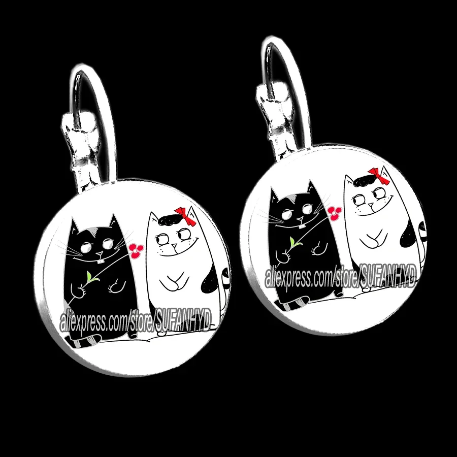 Cute Furry Cat Girl Stud Earrings Naughty Little Cat Glass Cabochon French Hook Earrings I Love My Cat Women Earrings jewelry