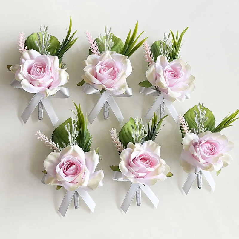 

6 шт. цветов для пуговиц, свадебные аксессуары, бутоньерка, браслет-корсаж для подружек невесты, искусственные шелковые розы, декор для выпускного вечера