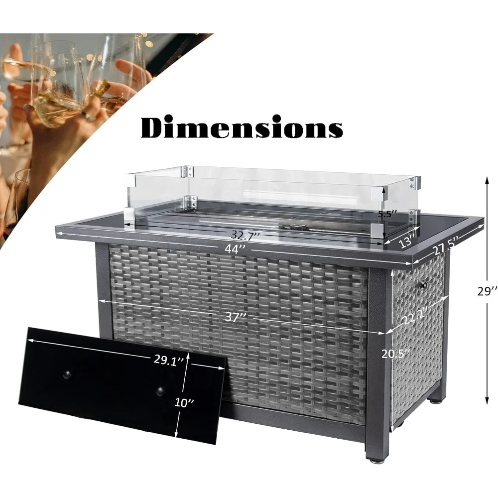 Gas Fire Pit Table 44-inch with Wind Guard, Tempered Glass Tabletop and Glass Beads, Outdoor Fire Pit