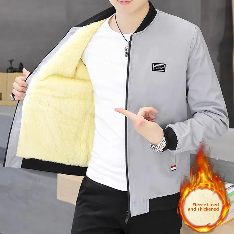 

Men's Winter Fce Lined Baseball Jaet Slim Fit Thiened Warm Outerwear Casual Sle Pure Color Knitted Polyester Fiber