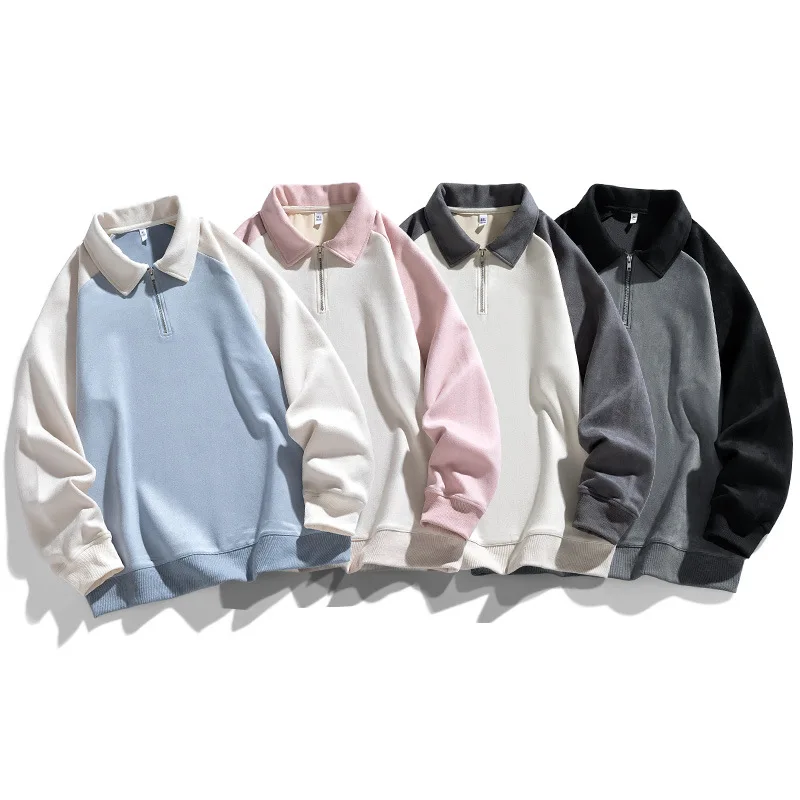 2026 Spring New Casual Mens Sweatshirt Vintage Patchwork Waffle Plaid Textured Pullovers Men Fashion Stand Collar Zipper Jumper