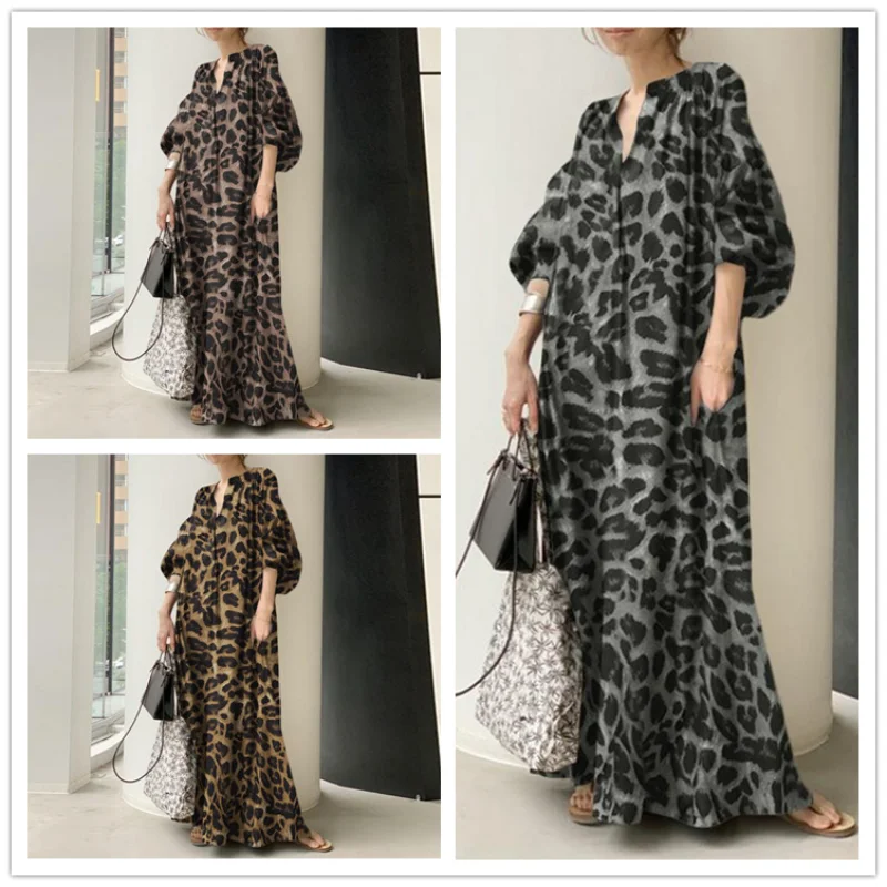 

2023 Muslim Abayat Temperament Fashion Leopard Print Bubble Sleeve Abaya Femme Loose Casual Bohemian Shirt Islamic Dress