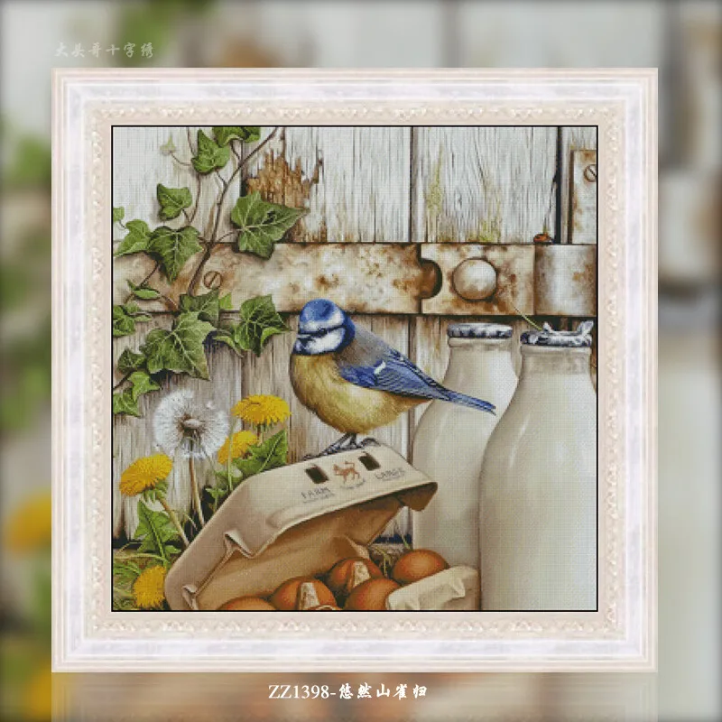 [ZZ1398-Leisurely Tit Return] DIY Cross Stitch Kit 14CT 16CT, Printed Fabric for Hand Stitching, Cotton Threads