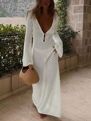 Trendix Knitted Crochet Cover Up Dress Women White Hollow Long Sleeve Maxi Dresses Vacation V Neck Backless Beach Dress Femme