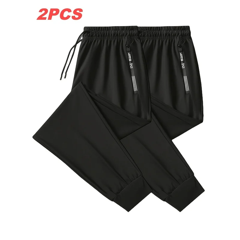 Football Men's Pants For Men 2pcs New Summer Thin Ice Silk Black Gray Elastic Fiber Jogging Gift Oversize Sports Man Jogger Gym