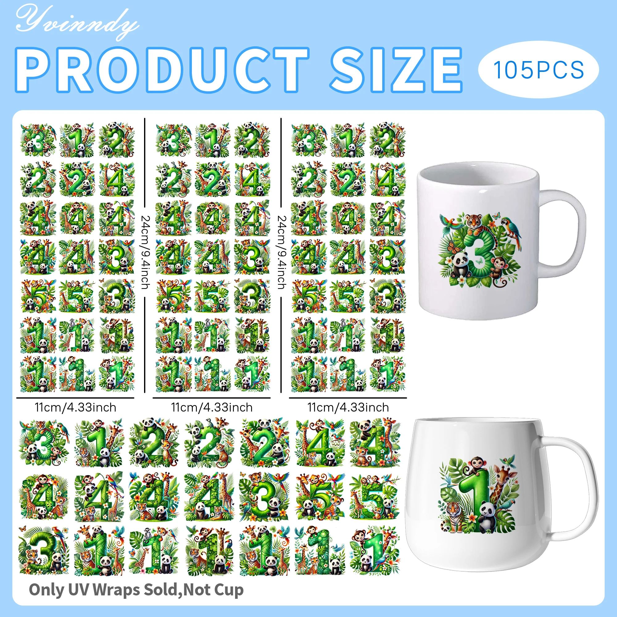 105Pcs/Set Digital animal clip art UV DTF Transfer Sticker DIY Craft Kits with Crystal Label 16oz Glass Jars Wrap Stickers